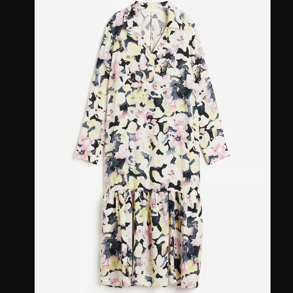 H&M Collared V Neck Long Sleeve Floral Flutter Hem Midi Dress Size M Yellow Pink - Picture 1 of 11